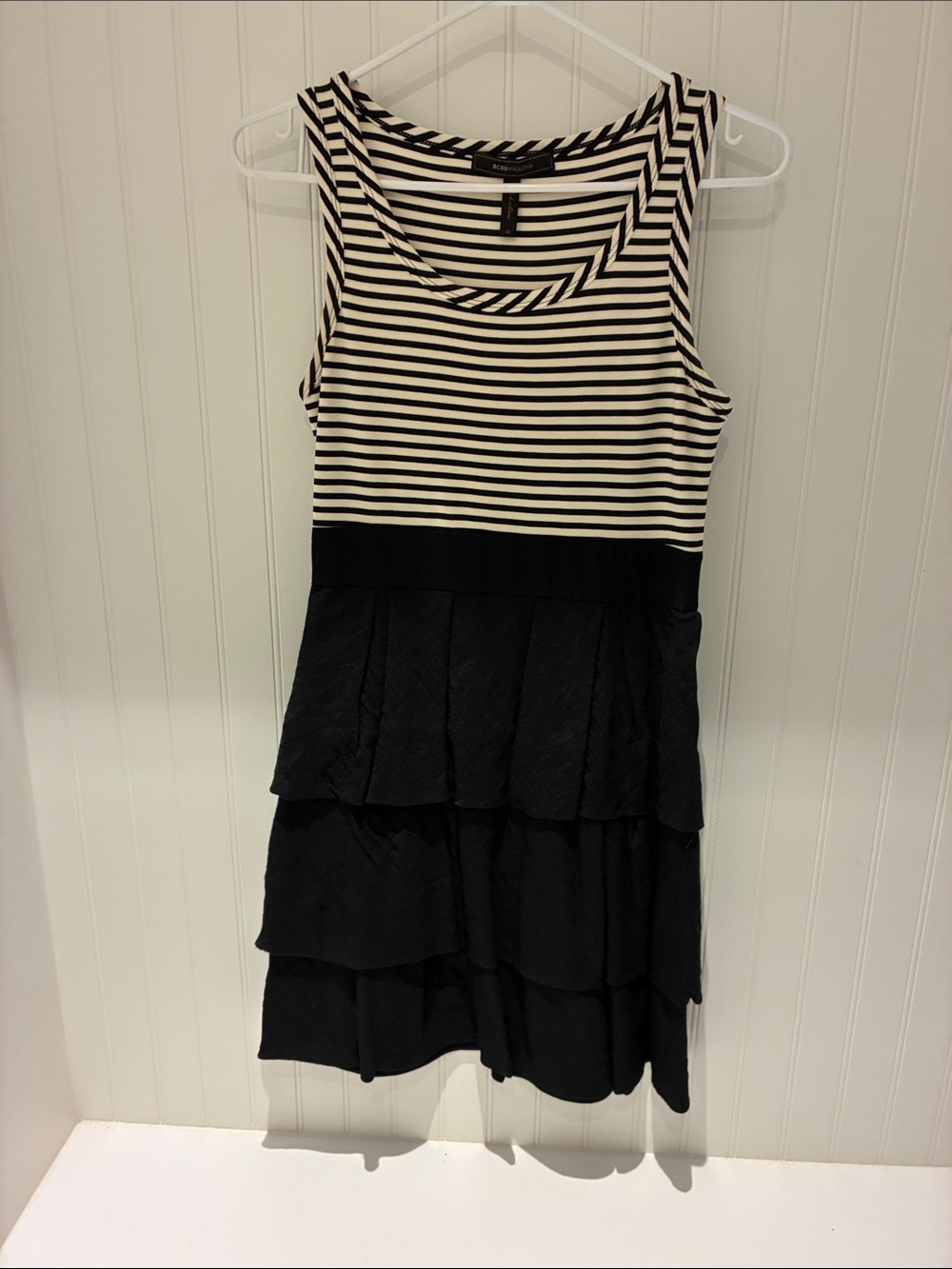 BCBGMaxAzria Black and White Striped Tiered Tank Dress